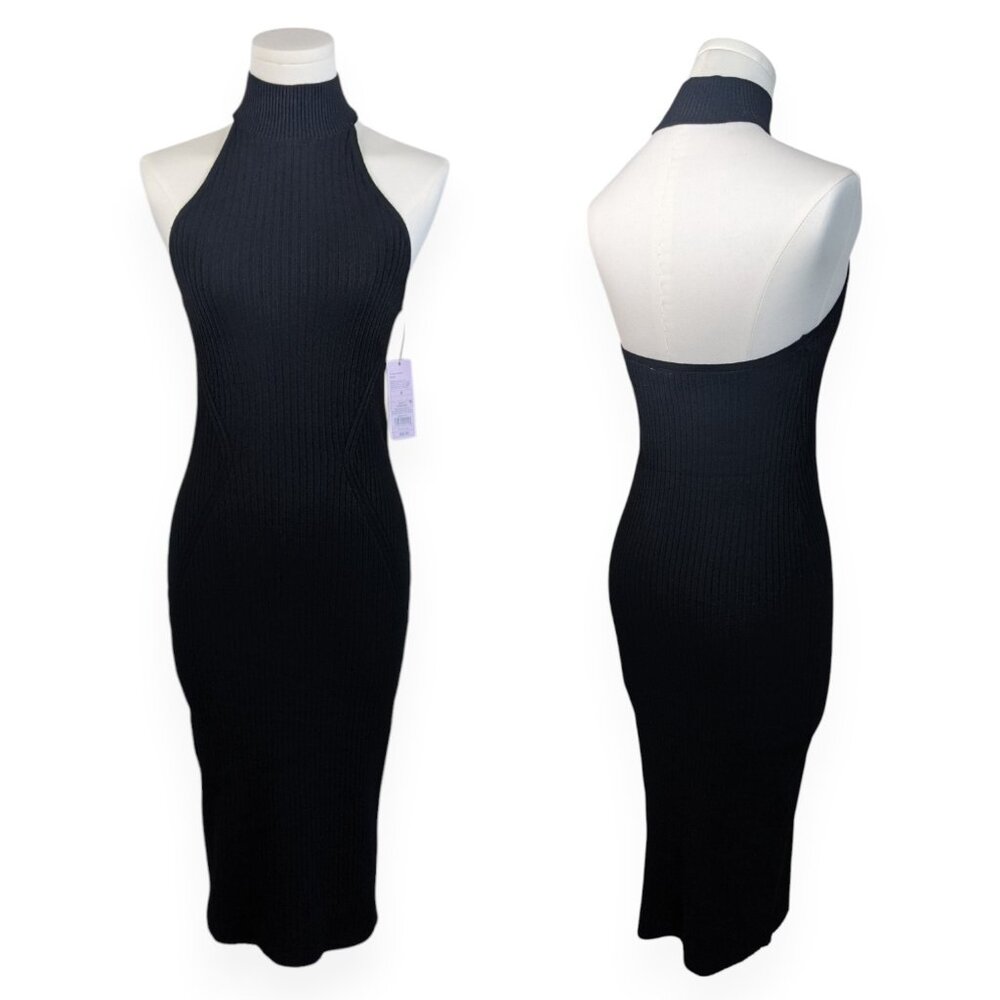 Wild Fable Ribbed Midi Black Sweater Dress Halter Neck Open Back Women’s Small
